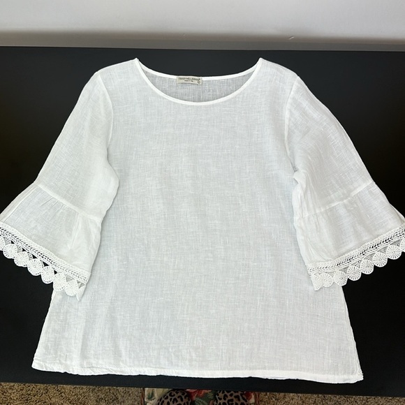 Terzo Millennio White 100% Linen 3/4 Bell Sleeves Crochet Lace Trim Top β¦ - Picture 2 of 11